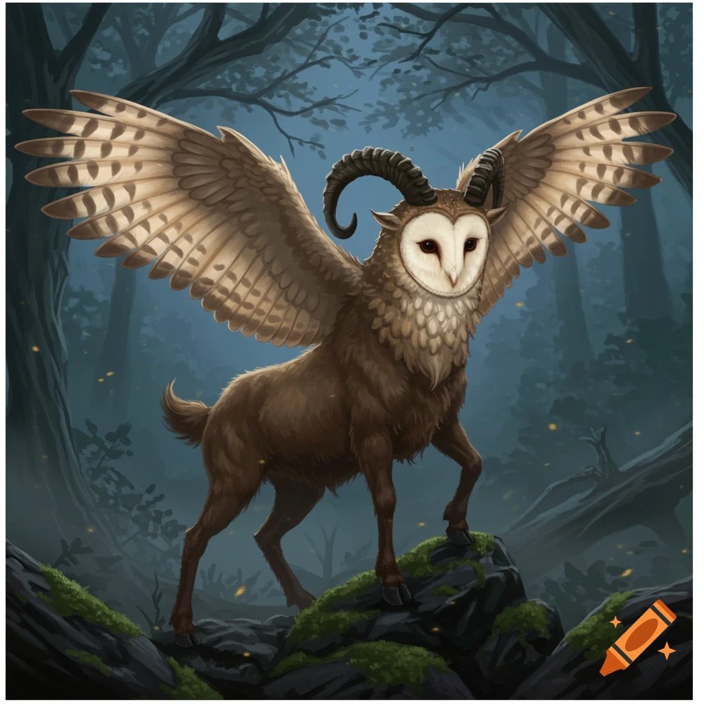 A majestic hybrid creature with an owl's head and wings, and a goat's body and horns, stands in a mystical forest.