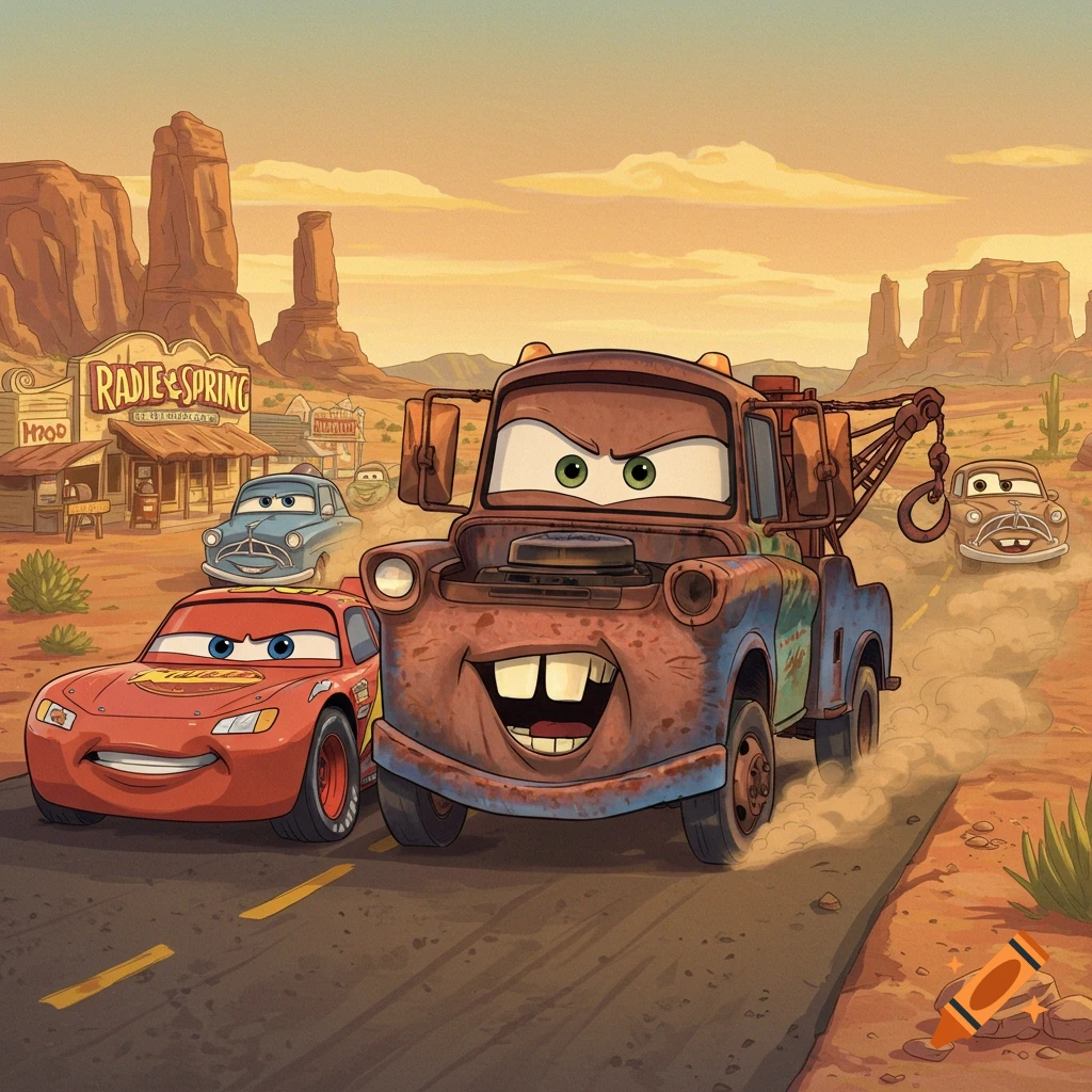 Tow Mater with an angry expression drives toward Lightning McQueen and other anthropomorphic cars in a desert town, Pixar style.