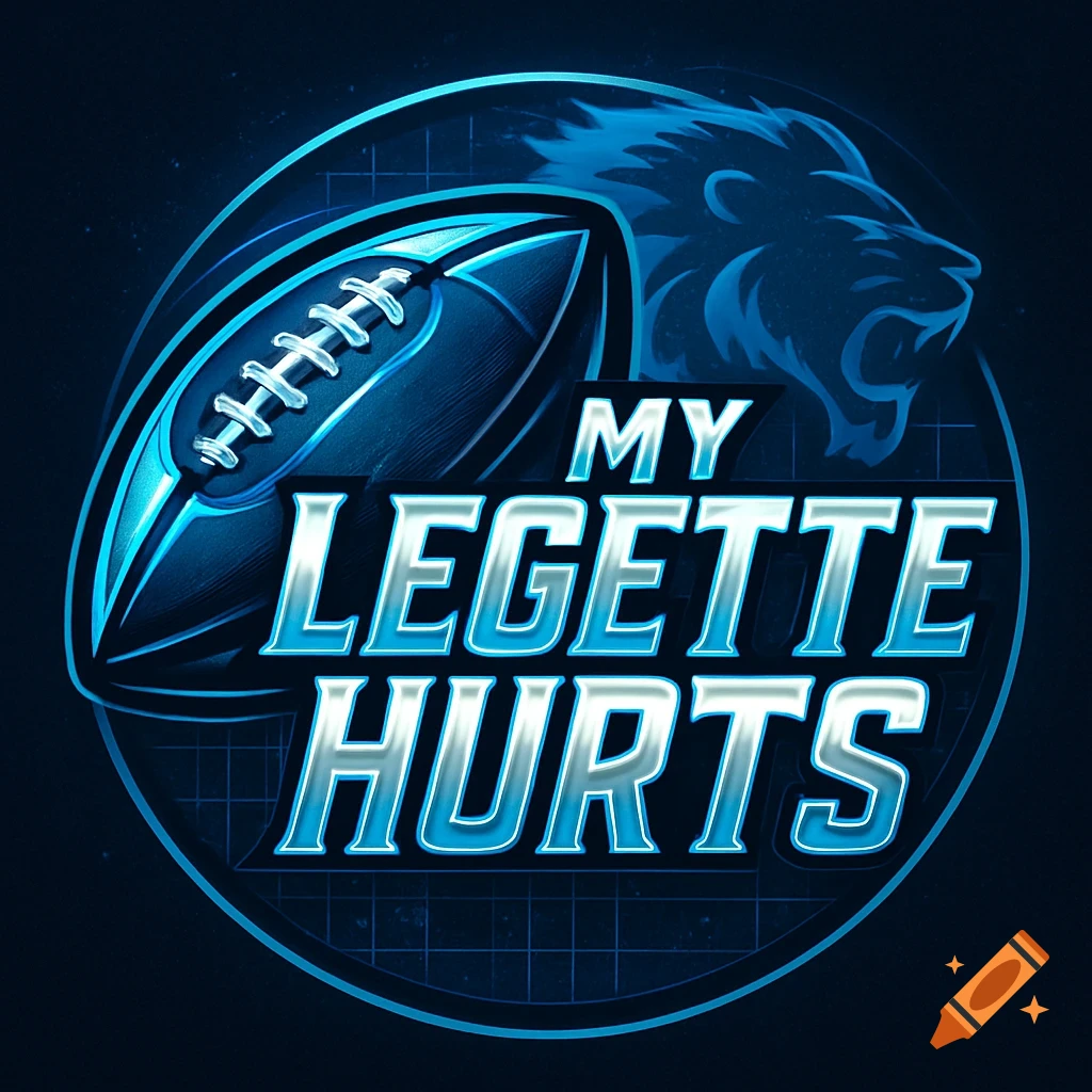 A blue and silver fantasy football logo featuring a football, a roaring lion's head, and the text 'MY LEGETTE HURTS'.