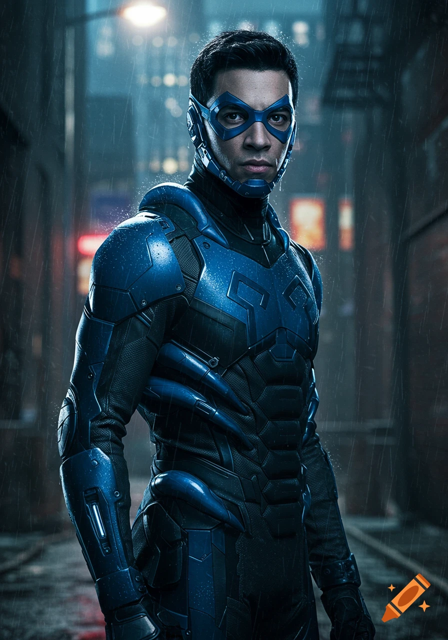 A man in a blue and black armored superhero suit and blue mask stands in a rainy alley at night, cinematic style.