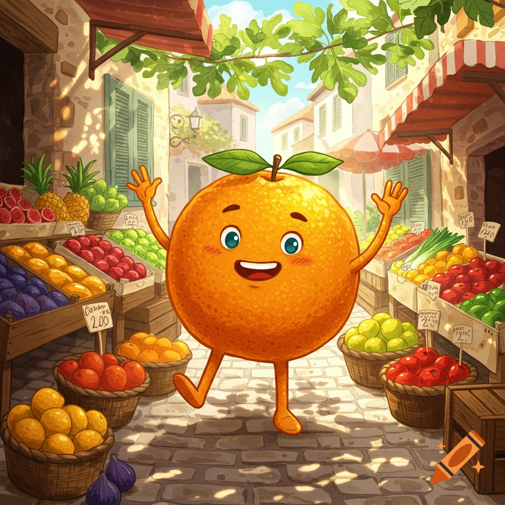 A happy, cartoon orange character with arms and legs waves in a sunny, bustling fruit market filled with various fresh produce. Illustrated in a bright, friendly style.