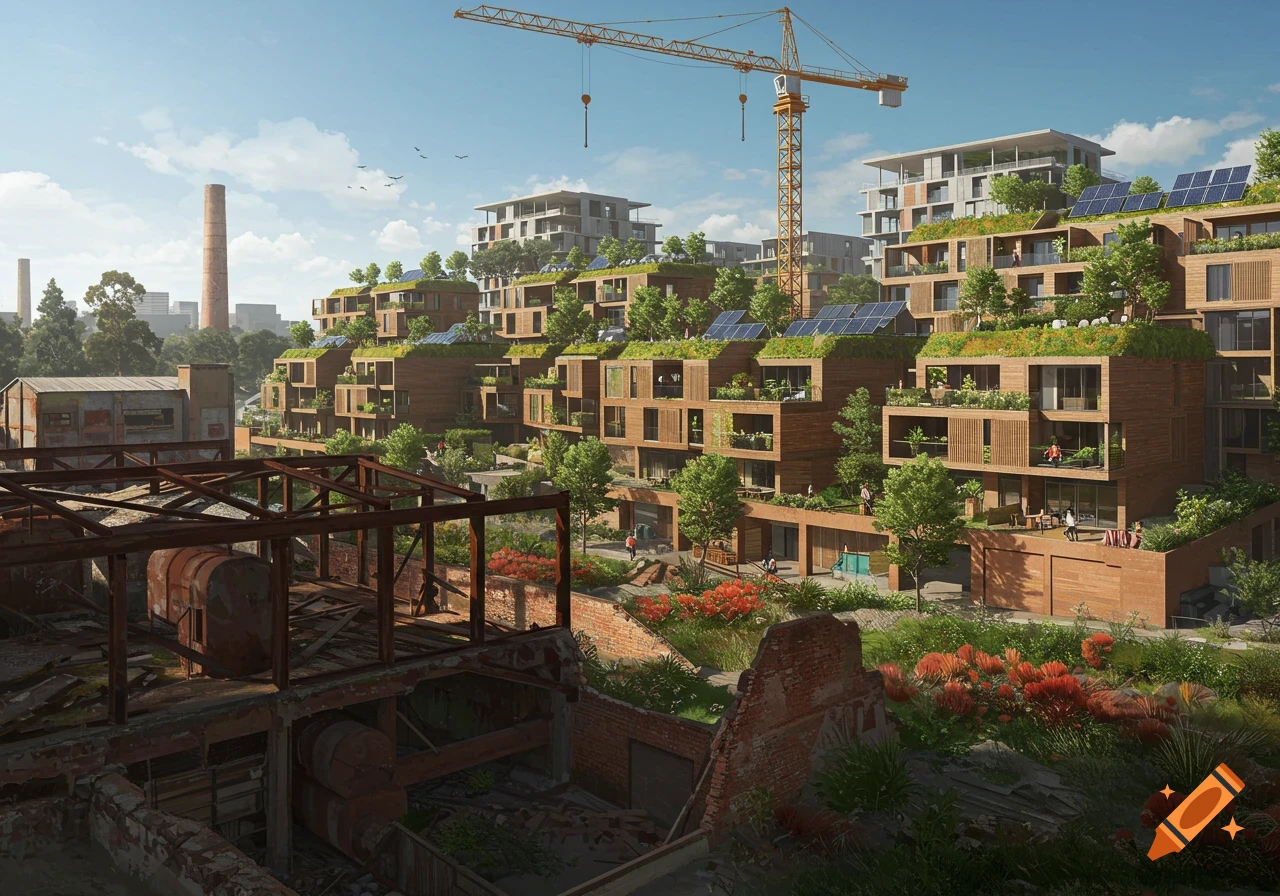 A futuristic city shows new multi-story residential buildings with green roofs and solar panels contrasting with abandoned industrial structures.