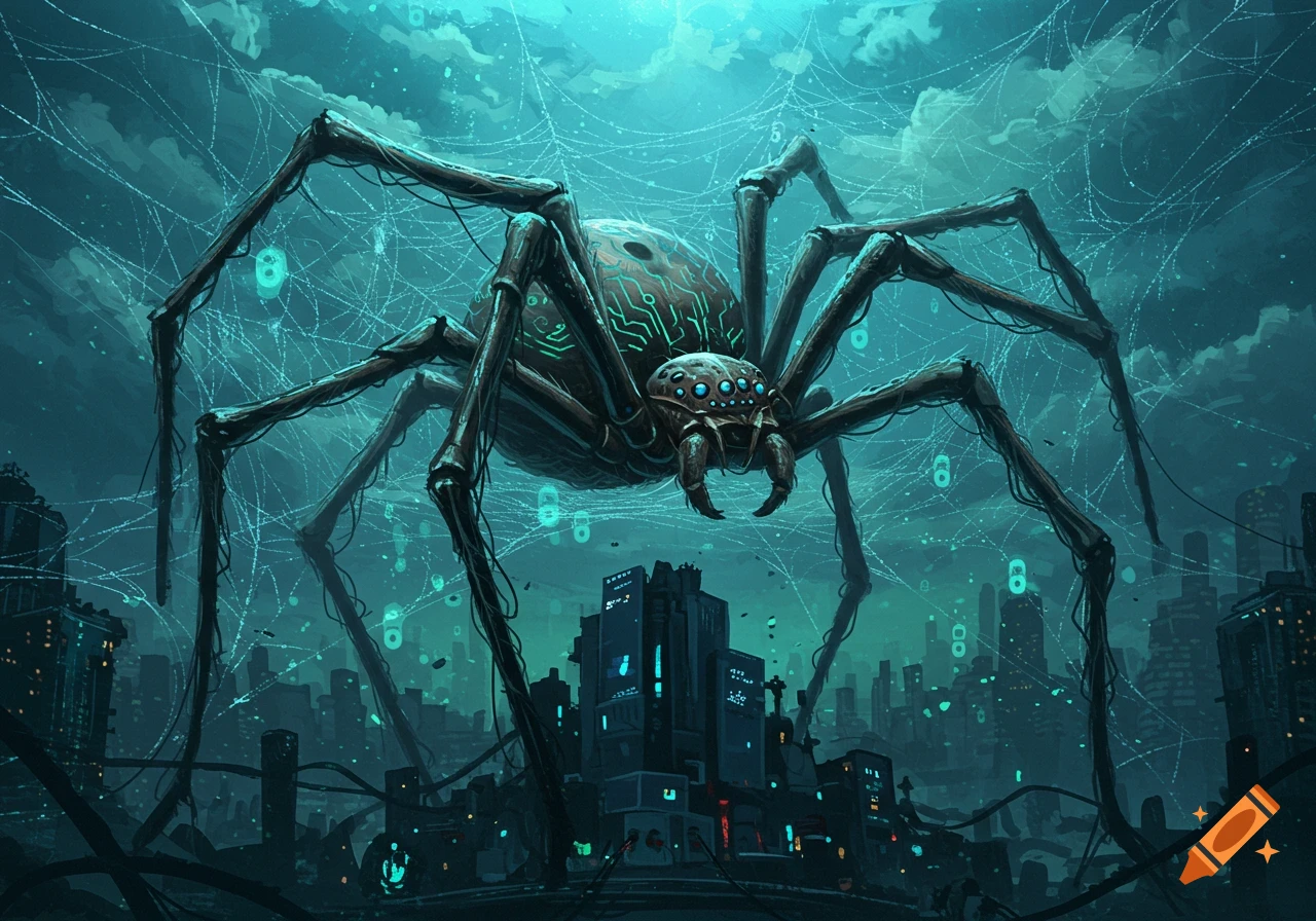 A giant, monstrous spider with circuit patterns looms over a dark, futuristic cityscape, its web filled with glowing digital symbols.