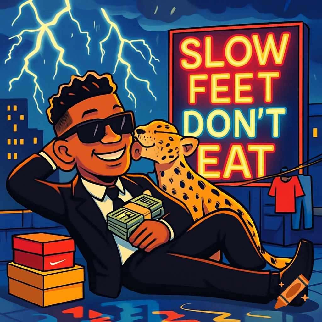 Cartoon man in sunglasses and suit with money, relaxing with a leopard licking his face, under a lightning storm with a neon sign that reads 'SLOW FEET DON'T EAT'.