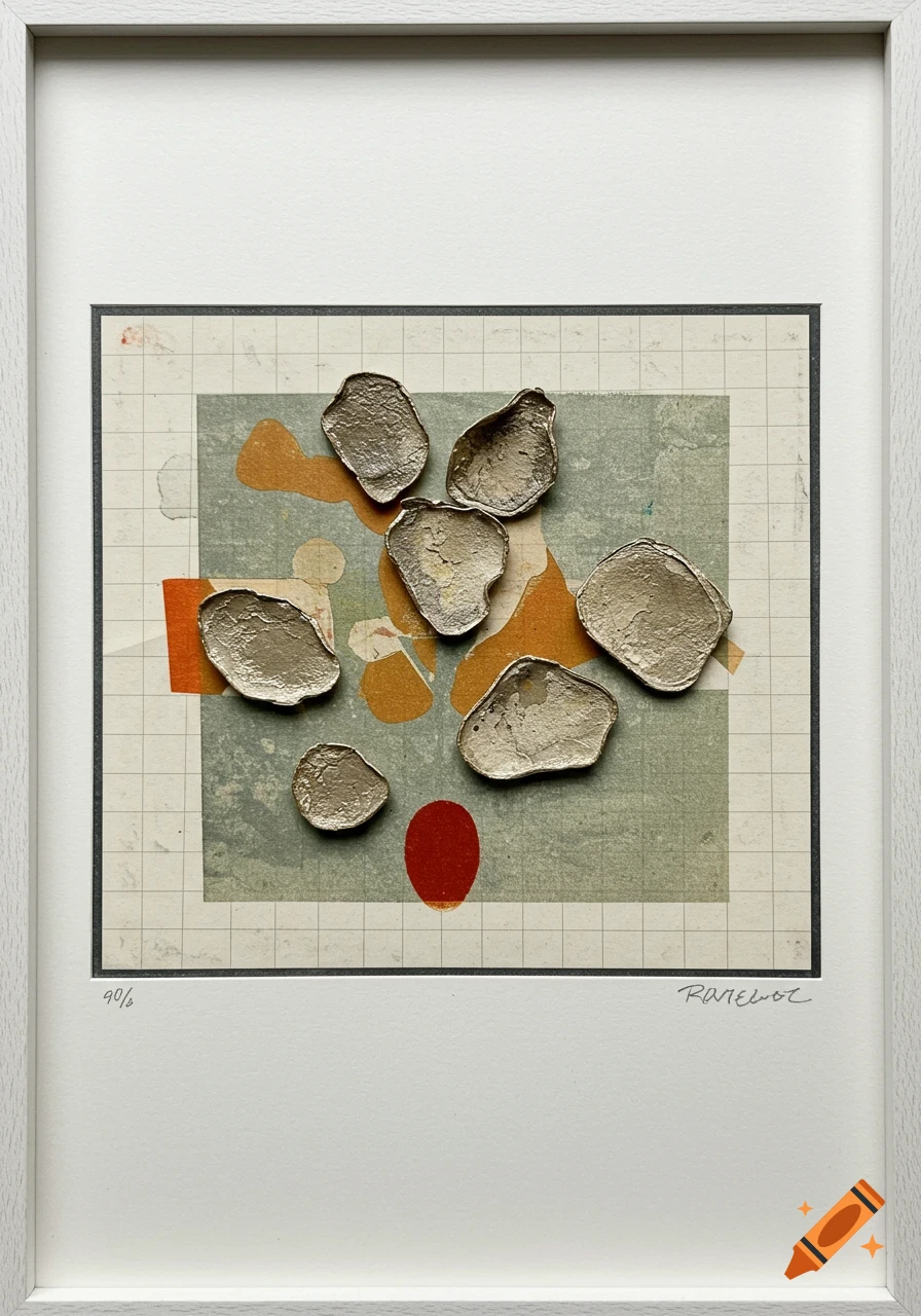 A framed abstract collage with seven textured silver organic shapes over a grid background with a light green block, orange splatters, and a red oval.
