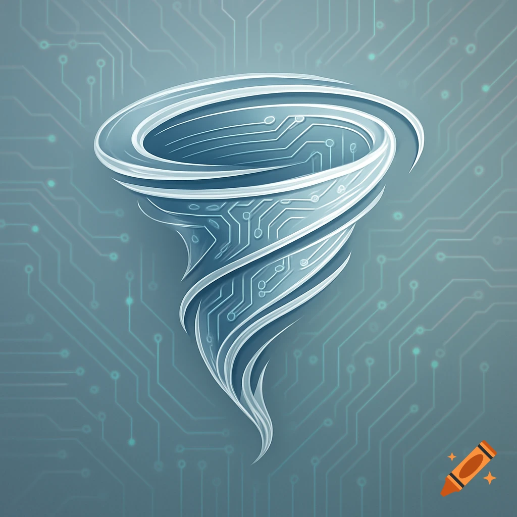 A stylized transparent tornado composed of microelectronic circuits against a circuit board background, in a digital art style.