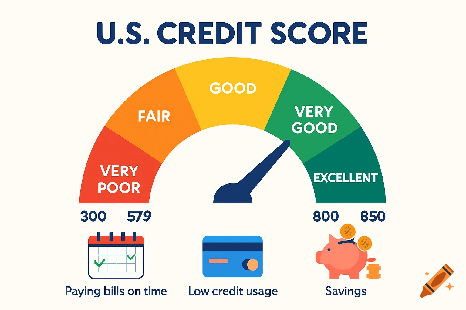 An infographic illustrating U.S. credit scores from 300 to 850, divided into 'Very Poor,' 'Fair,' 'Good,' 'Very Good,' and 'Excellent' ranges. Icons below represent 'Paying bills on time,' 'Low credit usage,' and 'Savings.'
