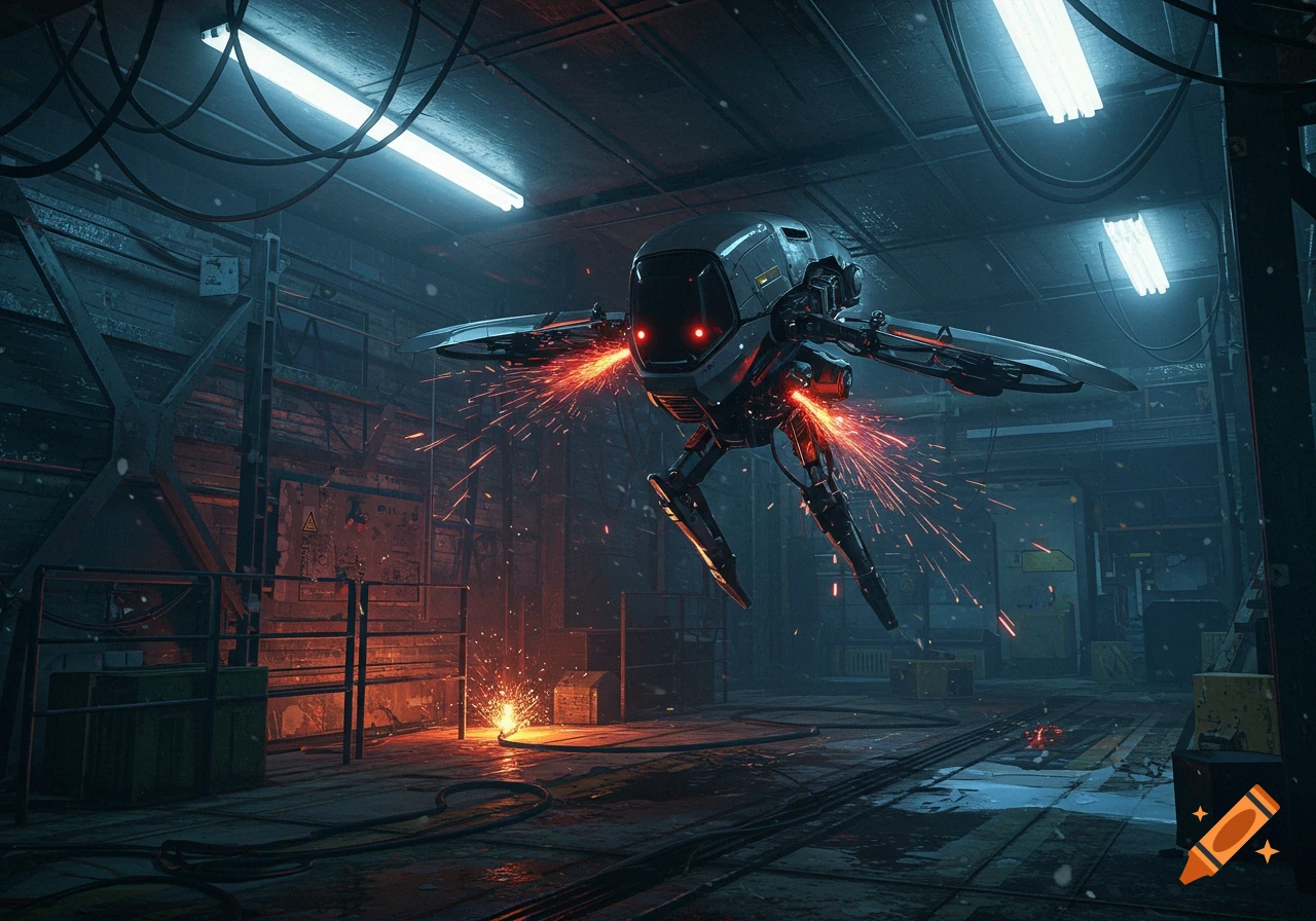 A dark, futuristic robot with glowing red eyes and mechanical wings hovers in a dimly lit, gritty industrial warehouse, generating bright orange sparks.