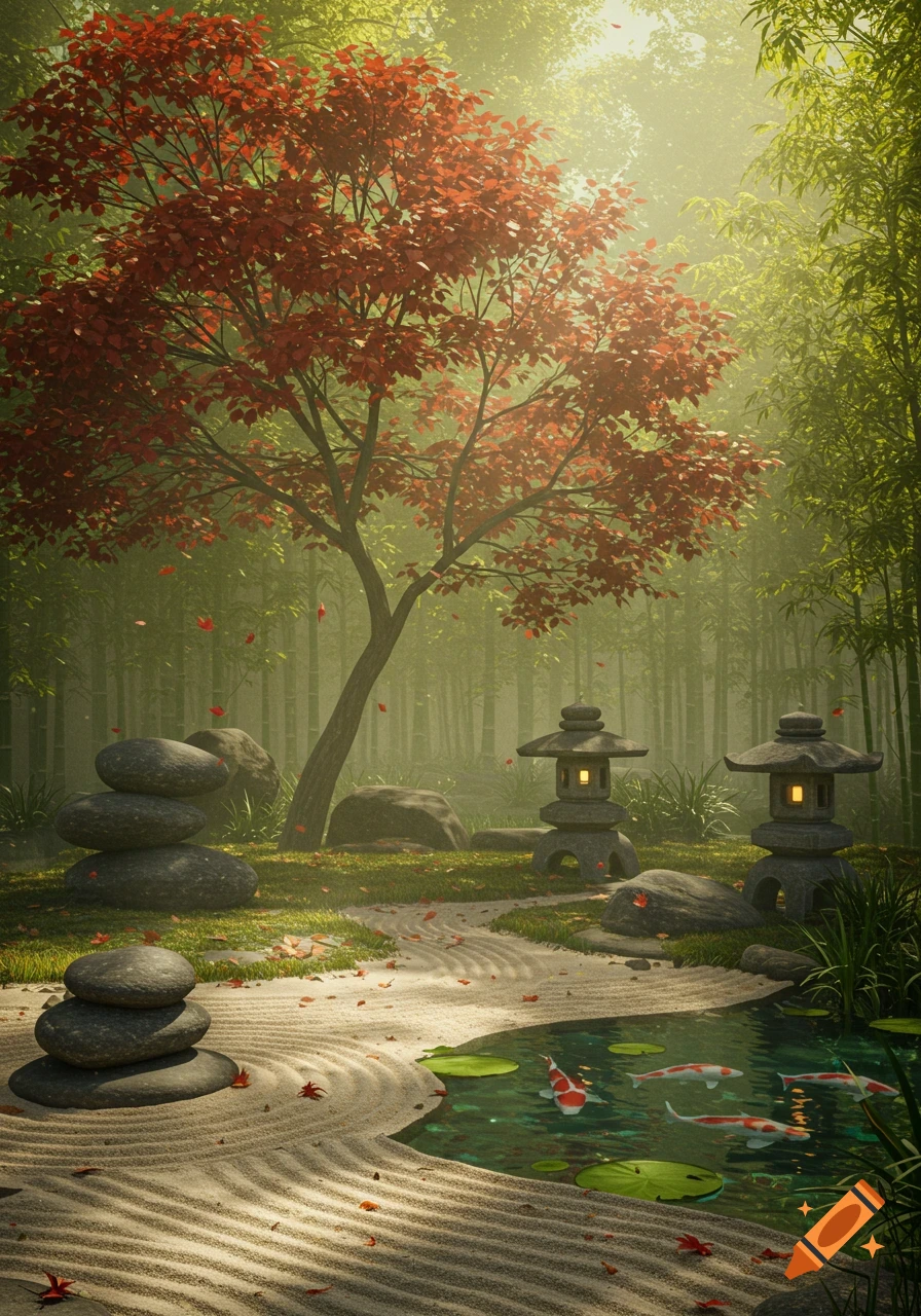 A serene Japanese Zen garden with a red maple tree, bamboo, stone lanterns, raked sand, and koi fish in a pond.
