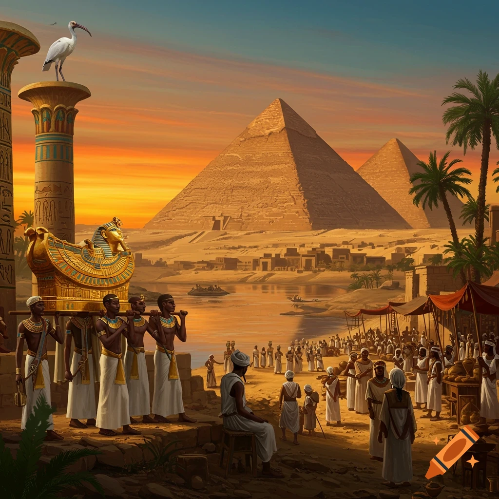 An ancient Egyptian scene with a procession carrying a golden sarcophagus, people gathered by the Nile River, and the Giza pyramids under a sunset sky.
