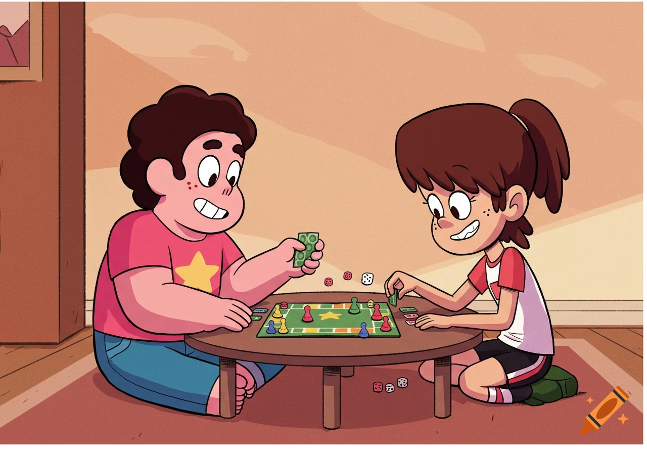 Cartoon characters resembling Steven Universe and Lynn Loud playing a board game on the floor at home.