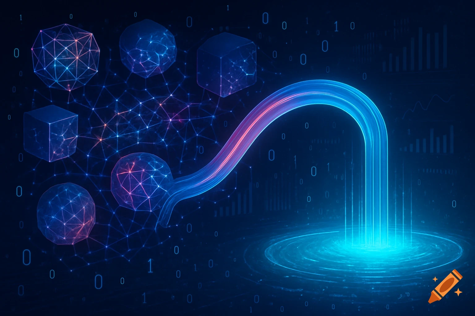Abstract digital art showing a glowing blue data pipeline moving information from geometric shapes and a network into a swirling data lake.
