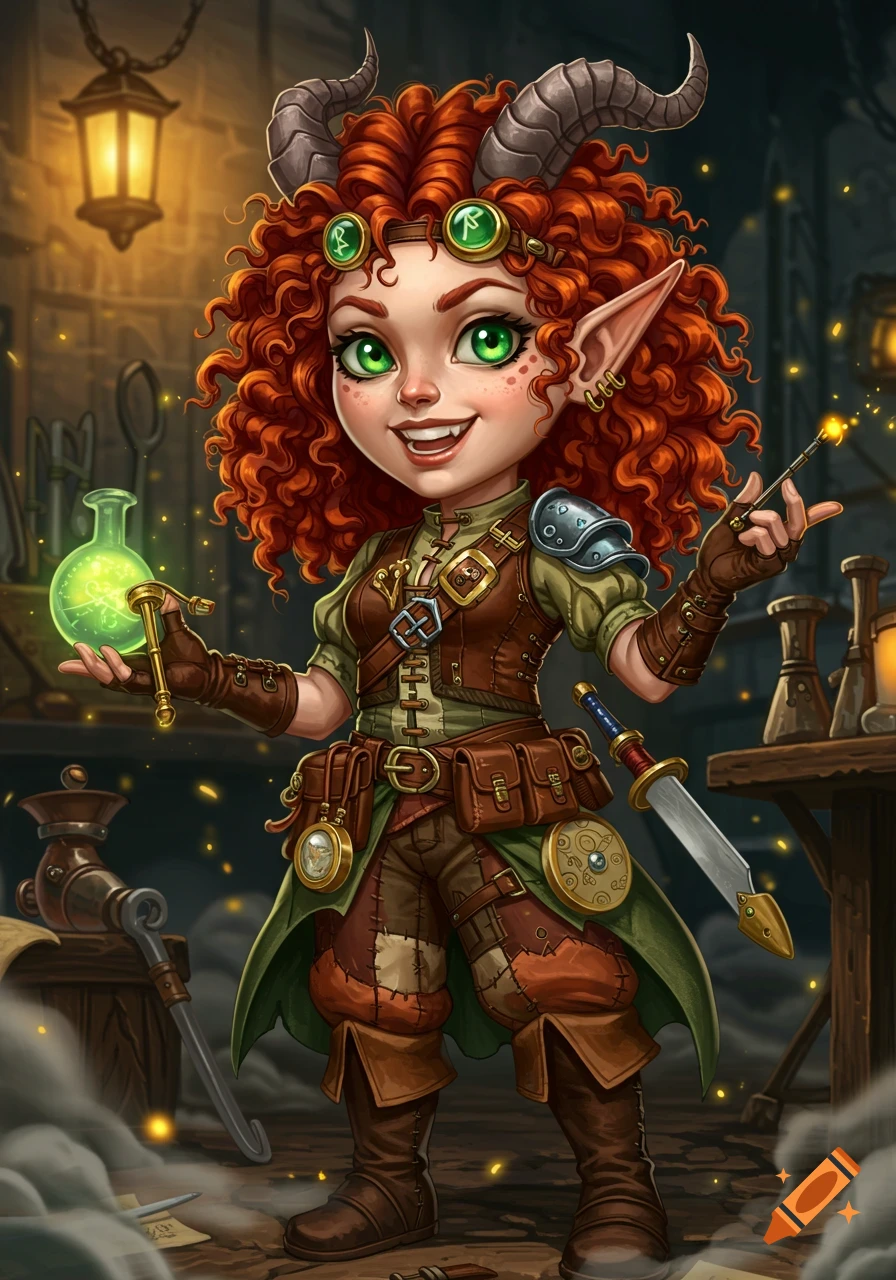 A cute, red-headed, horned elf artificer, wearing steampunk-like gear, holding a glowing green flask and a wand in a workshop.