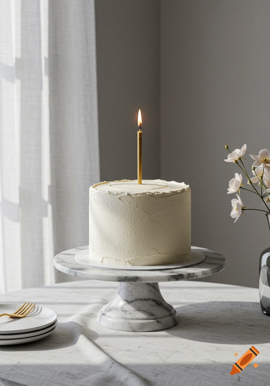 Minimal white frosted birthday cake with a single lit golden candle on a marble stand, plates and flowers nearby in natural light.