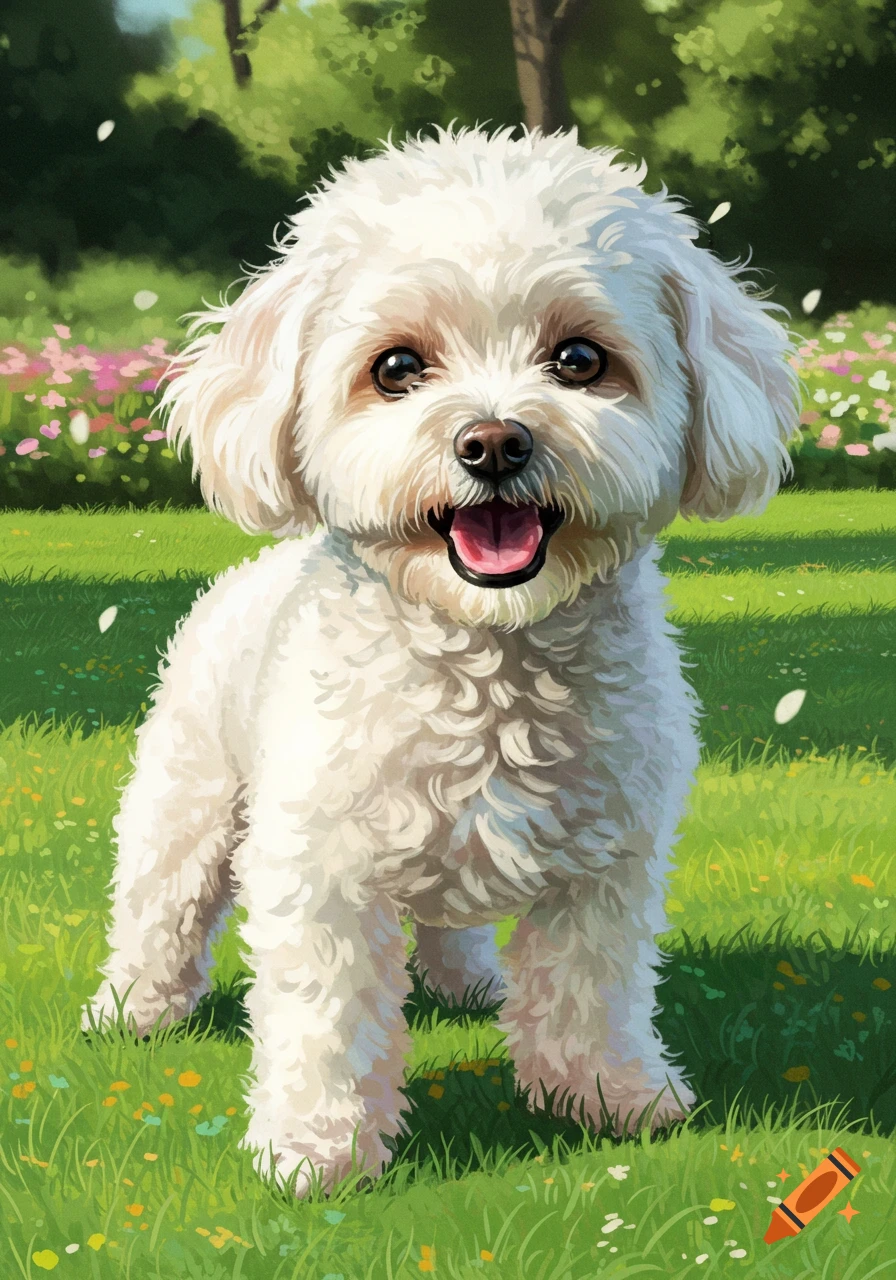 A fluffy white Bichon Frise dog with a happy expression stands in a vibrant green grassy field with flowers and trees.