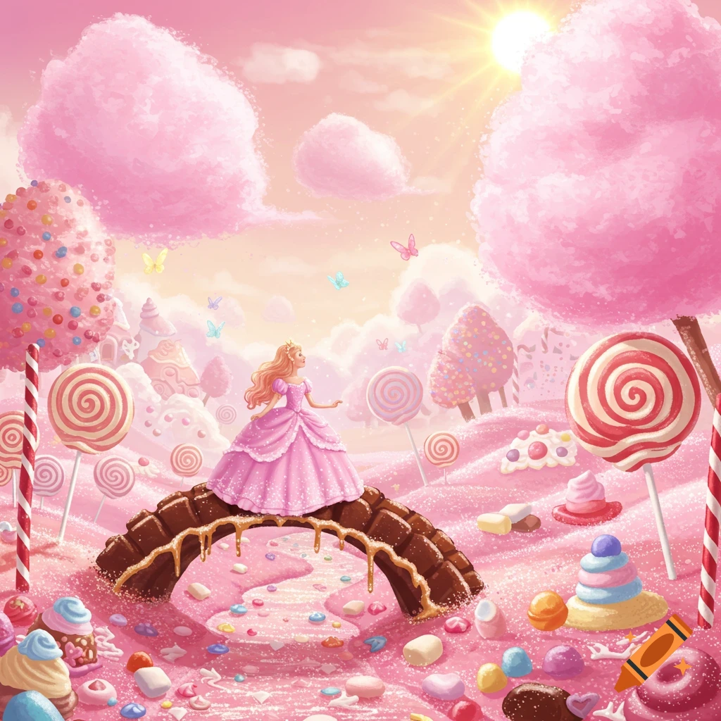 Princess in a pink dress on a chocolate bridge in a vibrant, illustrated candyland with lollipops and candy trees under a pink sky.