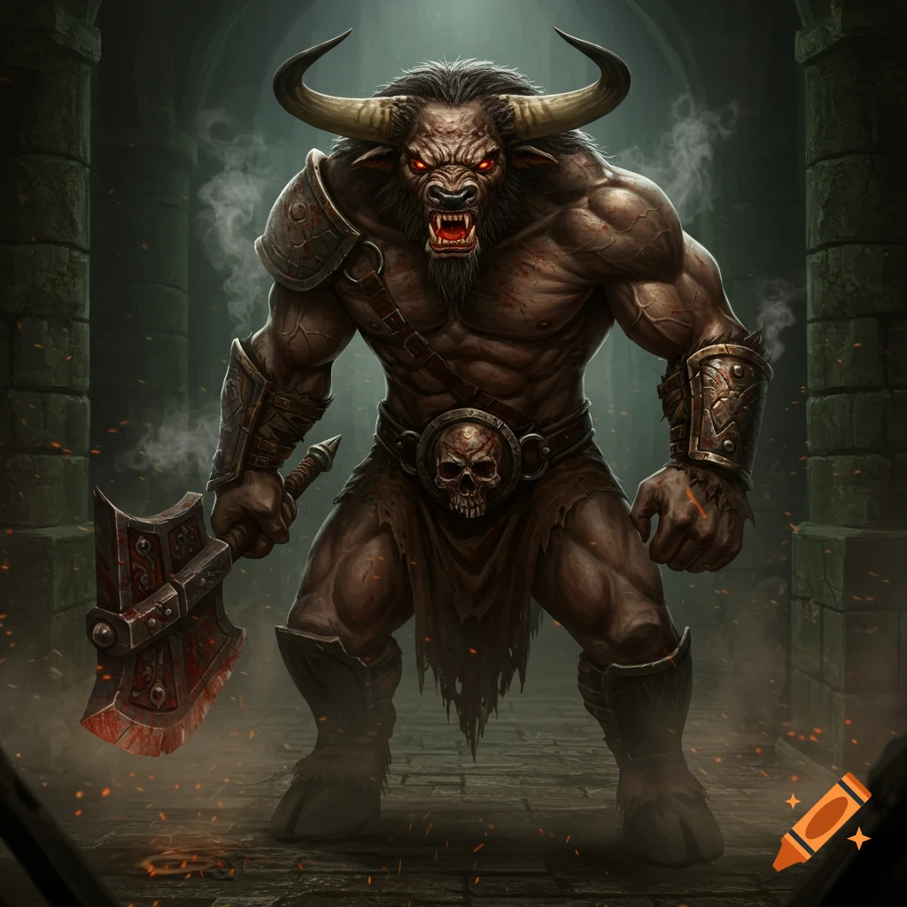 An angry, muscular minotaur with red eyes and horns stands defiantly, gripping a bloody battle axe, in a dark, smoky dungeon. Digital fantasy art.