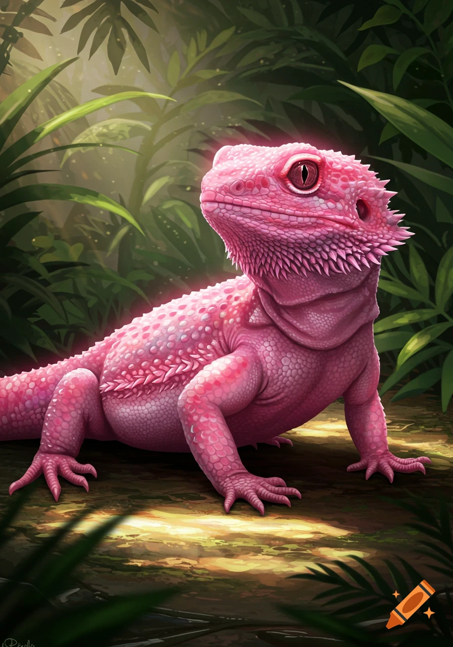 A vibrant pink bearded dragon with leopard gecko patterns sits on a mossy log in a lush jungle with sunlight filtering through leaves.