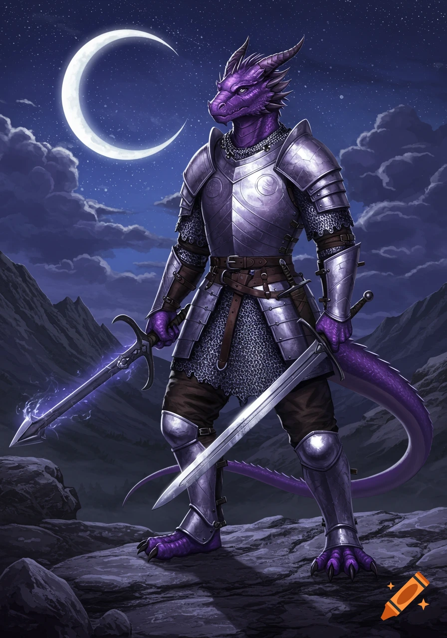 Purple dragonborn knight in shining armor stands on a rocky mountain under a crescent moon, holding two swords. Fantasy art.