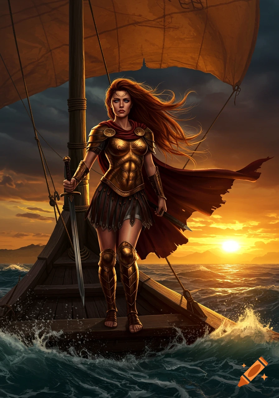 A fierce warrior woman with long red hair and golden armor stands on a ship at sea, holding a sword, with a sunset in the background.