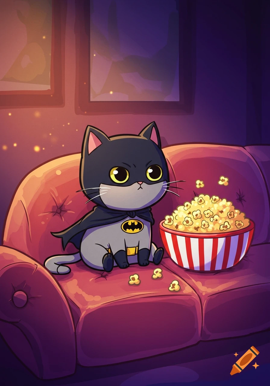 A cute cartoon cat in a Batman cape sits on a red couch with a bowl of popcorn, looking serious.