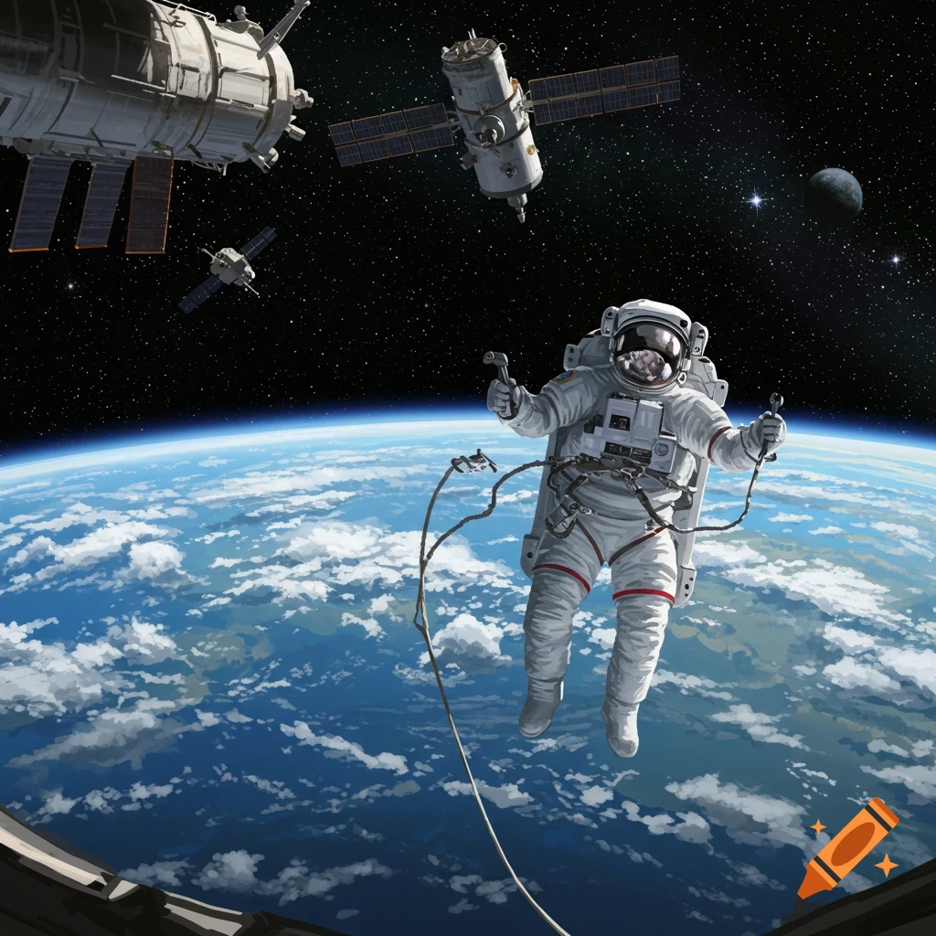 An astronaut on a spacewalk outside the ISS, tethered, with Earth and other satellites in the starry background.