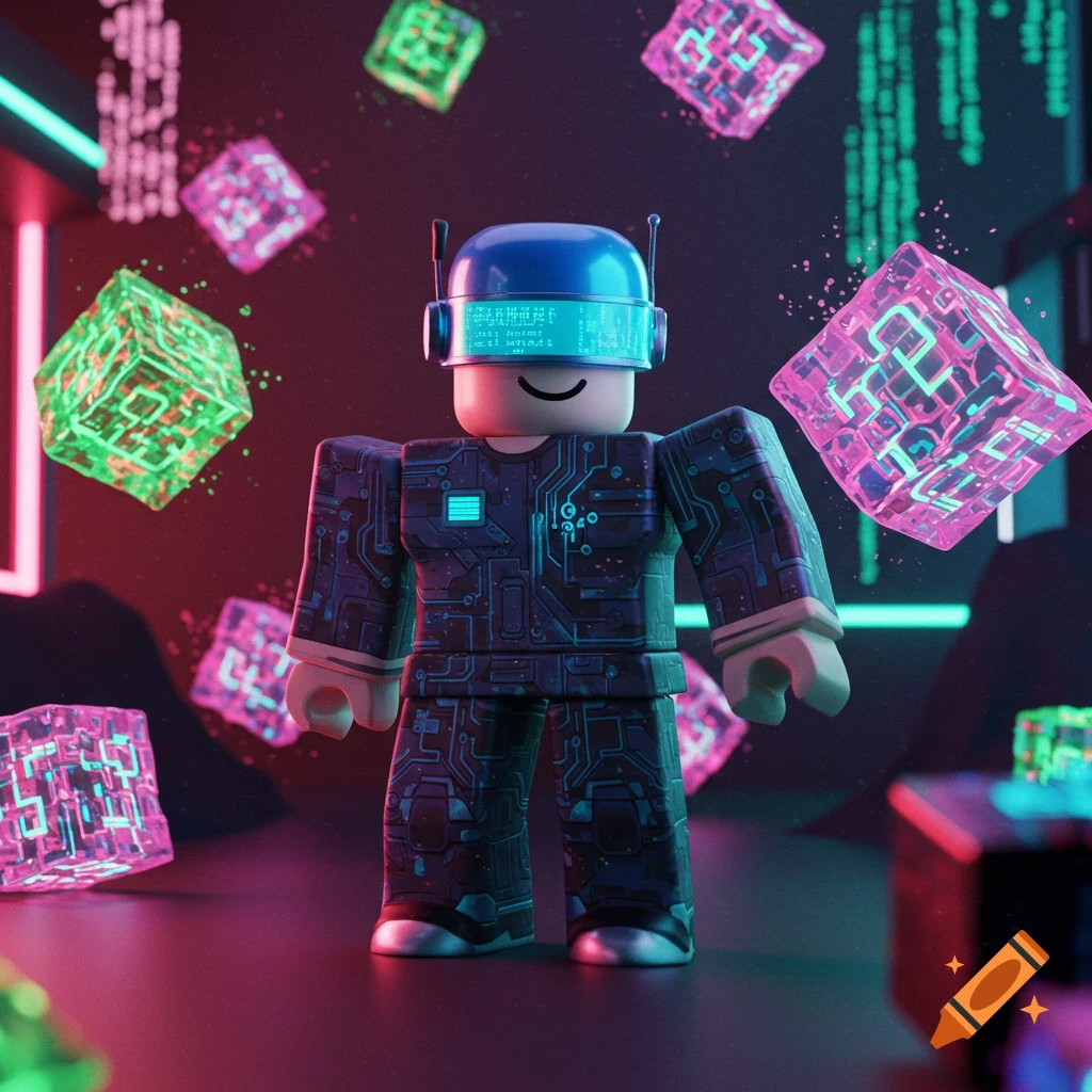 Roblox-style character with a blue visor and circuit suit in a dark cyberpunk room with floating glowing cubes.