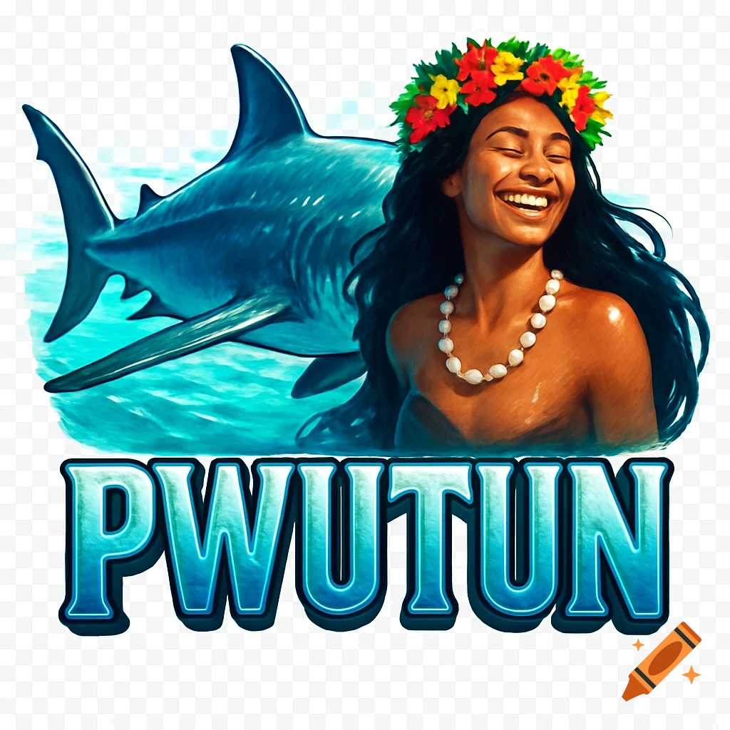 Smiling island girl with a flower lei and shell necklace, next to a blue shark in water, with the text 'PWUTUN' below.