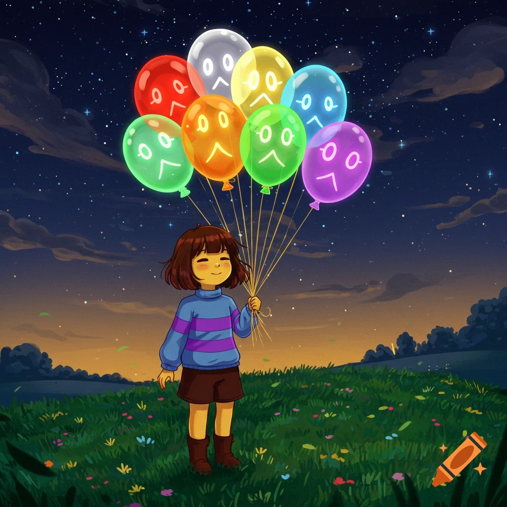 Frisk from Undertale stands in a grassy field at dusk, holding a bouquet of glowing, colorful balloons with sad faces, under a starry sky.