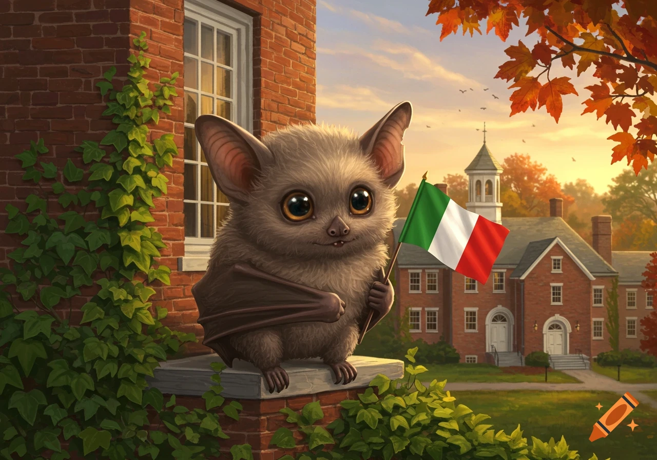 A cute, fluffy bat holds an Italian flag in front of a brick college building with autumn leaves, illustrated style.