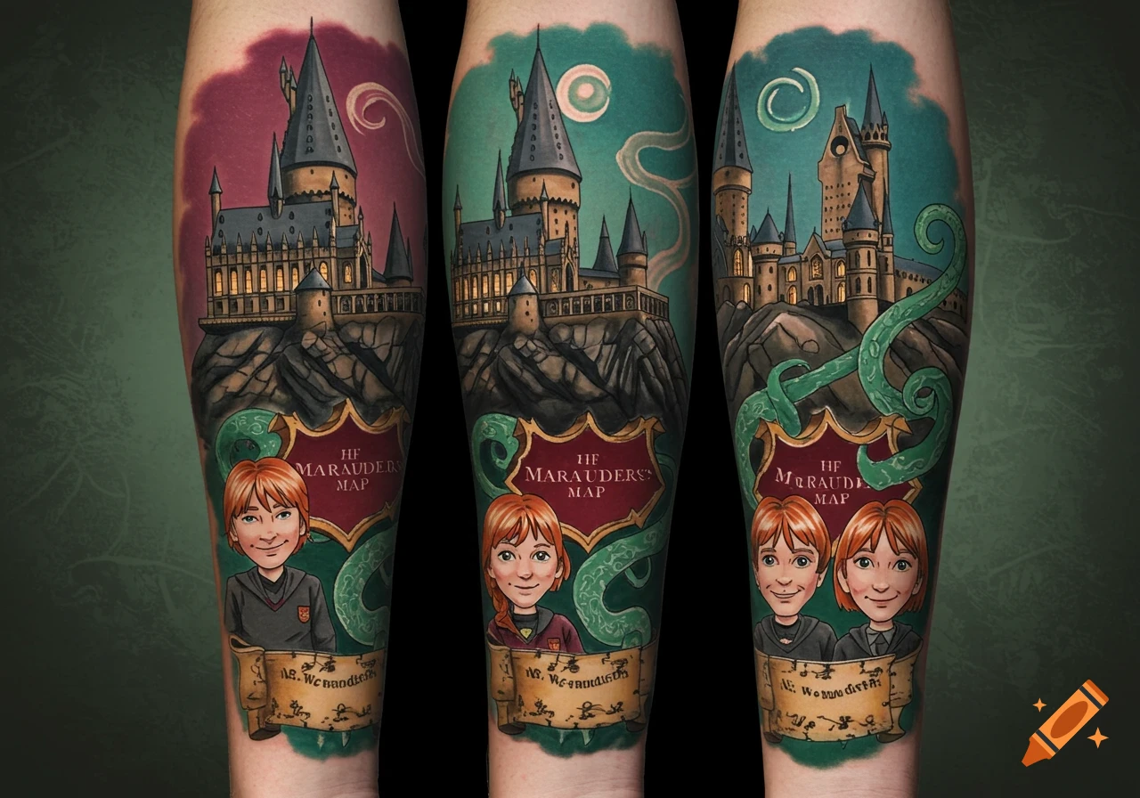 Three colorful forearm tattoos featuring Hogwarts Castle, a Marauder's Map shield, and stylized characters resembling Ron and Ginny Weasley.