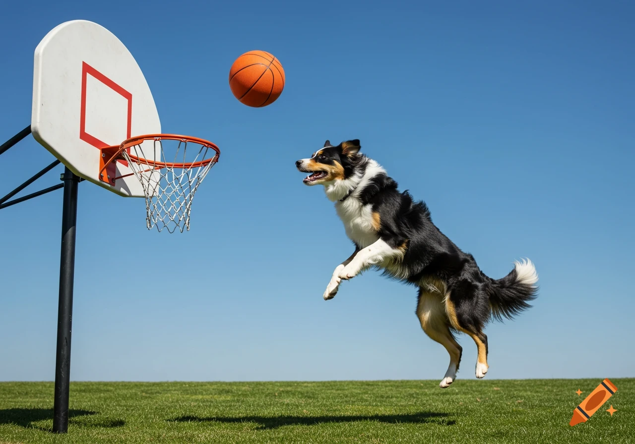 A tri-color Border Collie dog jumps high to reach a basketball near a hoop under a clear blue sky, photorealistic.