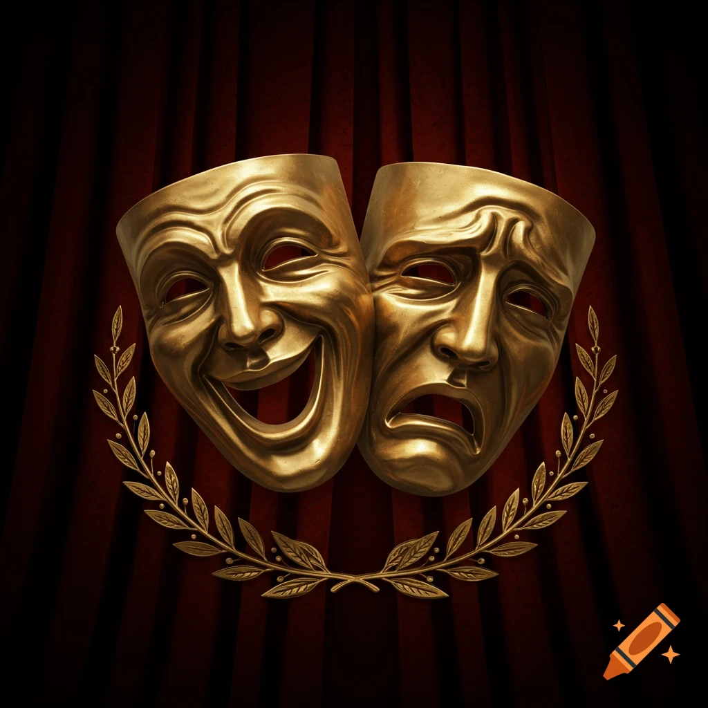 Two realistic golden theater masks, comedy and tragedy, framed by a laurel wreath against a dark red stage curtain.
