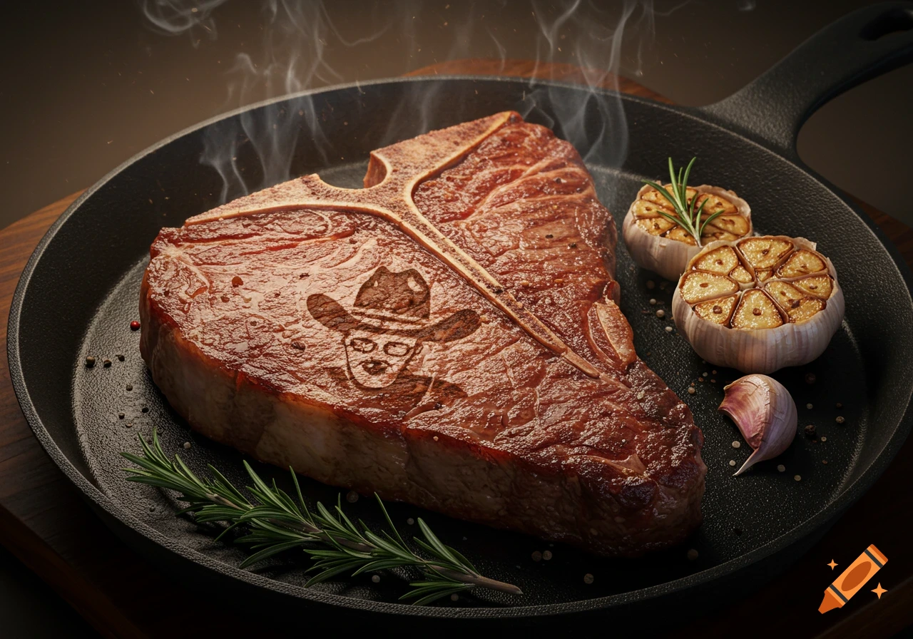 Photorealistic T-bone steak with a cowboy hat brand searing in a cast iron pan with roasted garlic and rosemary.