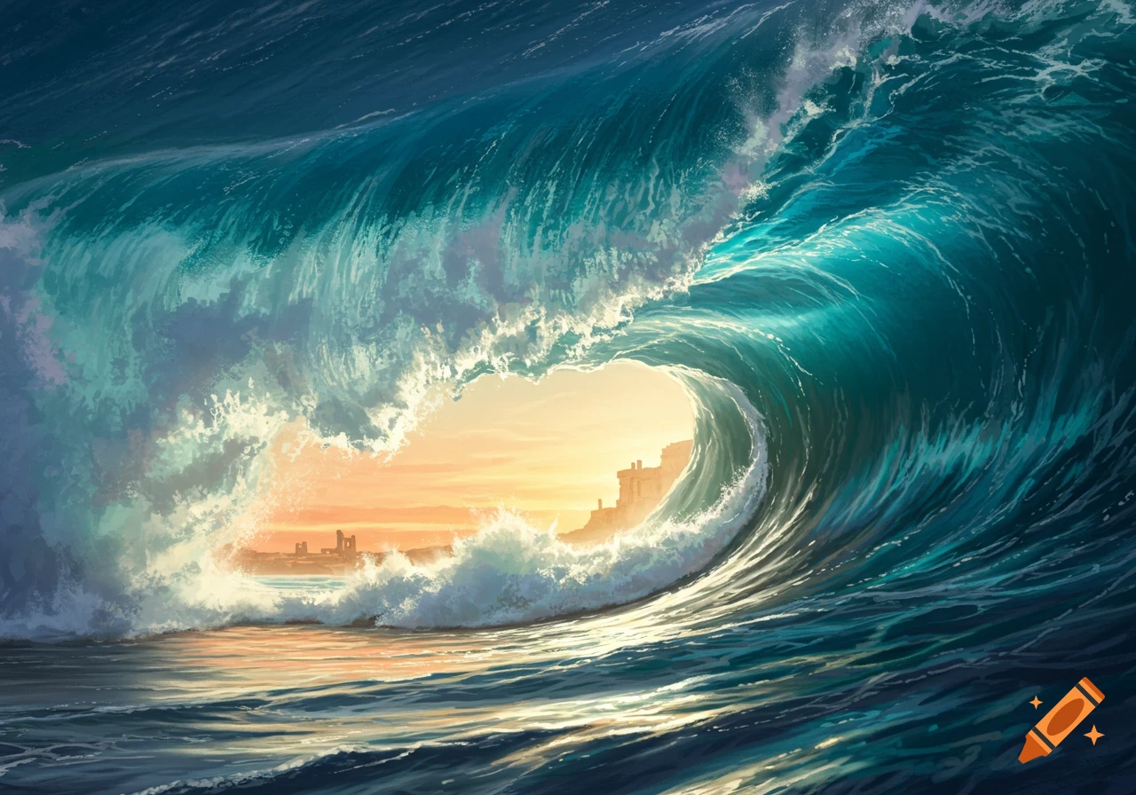 A massive, curling ocean wave with a heart-shaped tunnel revealing a sunset over a distant coastal landscape.