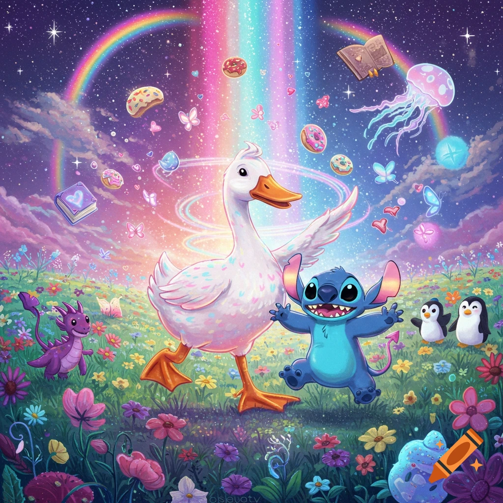 A whimsical, vibrant scene with a white goose, a blue Stitch-like creature, penguins, and a dragon in a field of flowers under a rainbow sky.