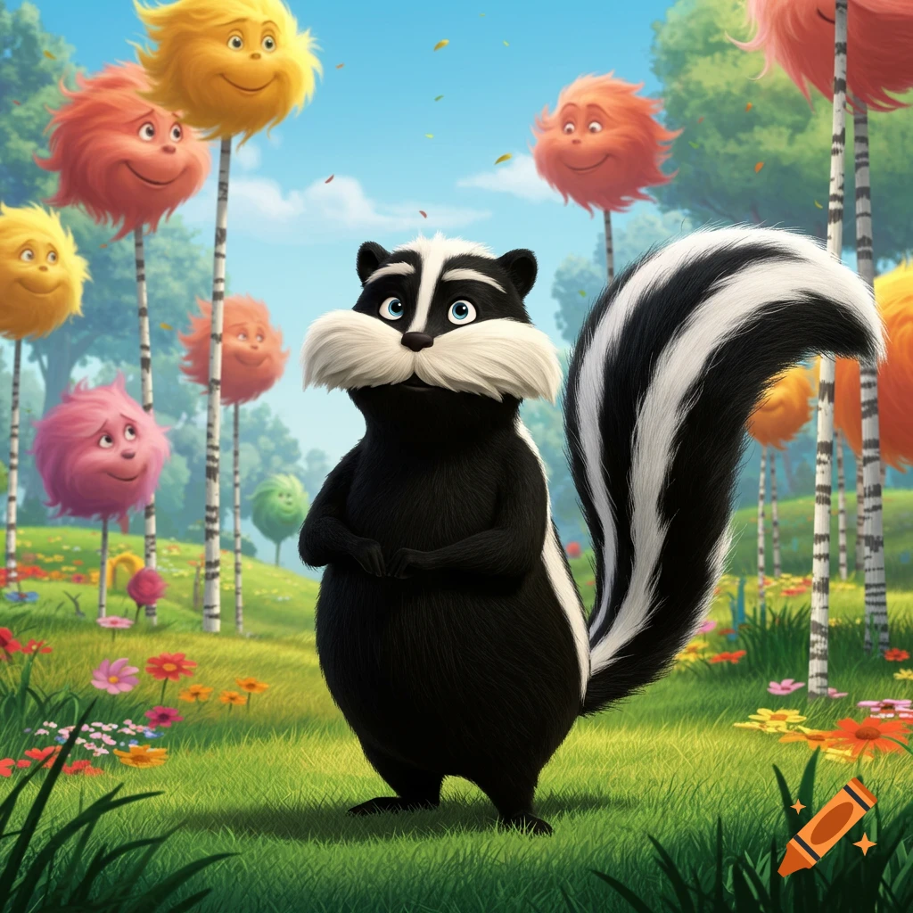 A cartoon skunk with a white mustache stands in a vibrant meadow with colorful flowers and whimsical, smiling, fluffy-topped trees.