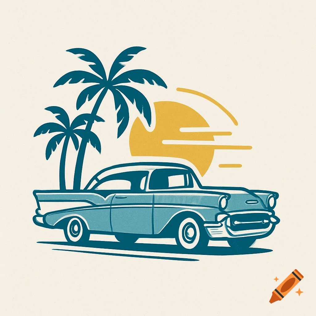 Minimalist retro illustration of a light blue classic car, palm trees, and a yellow sun.