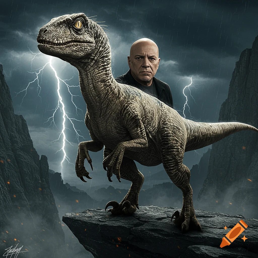 Mike Ehrmantraut stands behind a raptor on a stormy cliff with lightning. Photorealistic.