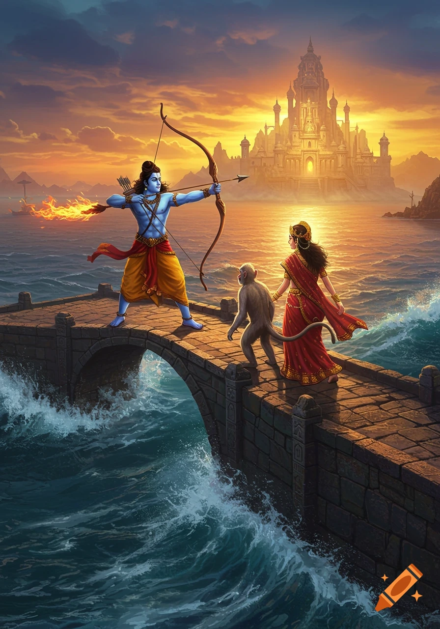 Vibrant illustration of Rama aiming a fiery arrow from a stone bridge with Sita and Hanuman, overlooking a sea towards a castle at sunset.