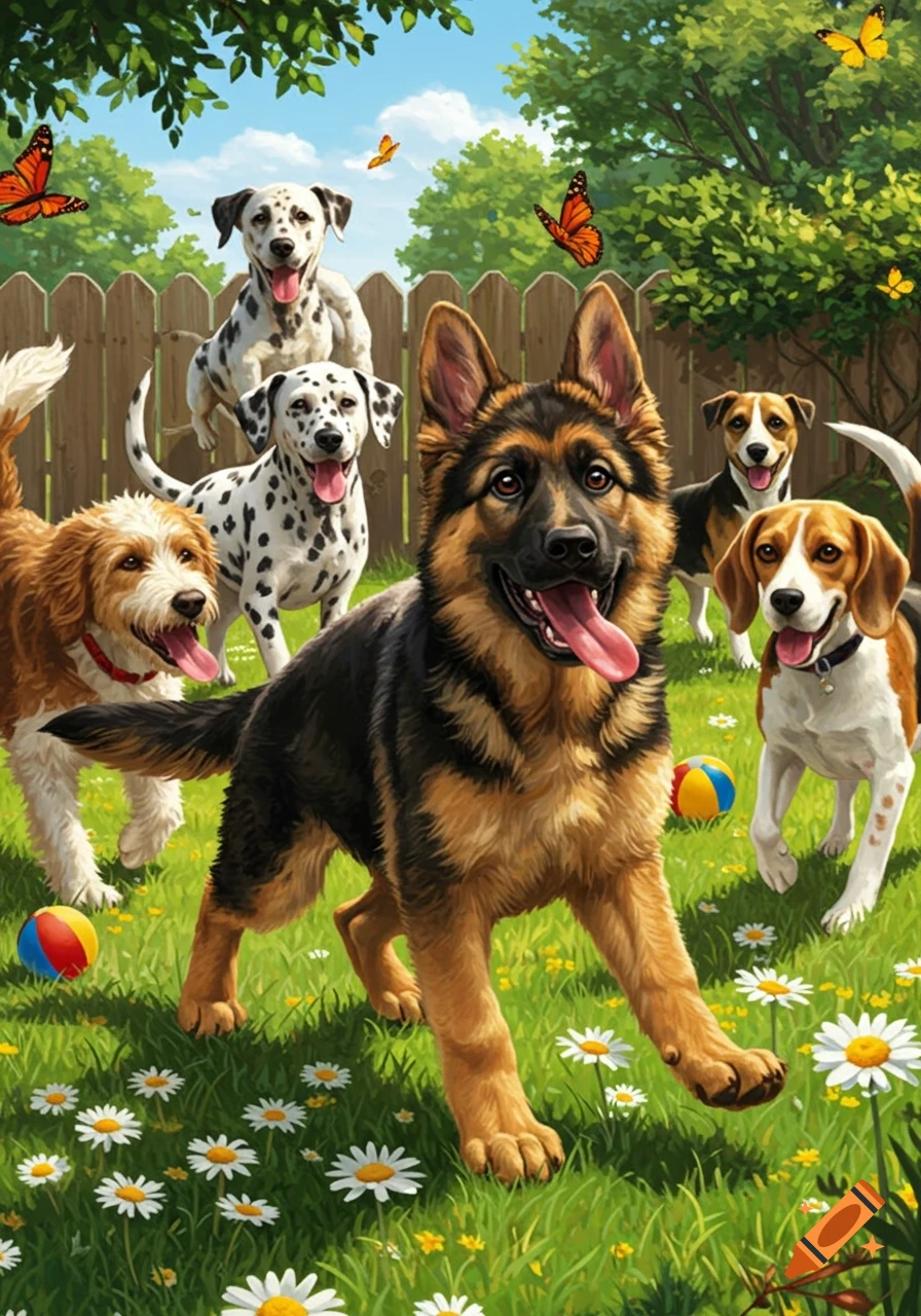 Illustrative painting of a German Shepherd, Dalmatians, and other happy dogs playing in a sunny, grassy yard with flowers and butterflies.