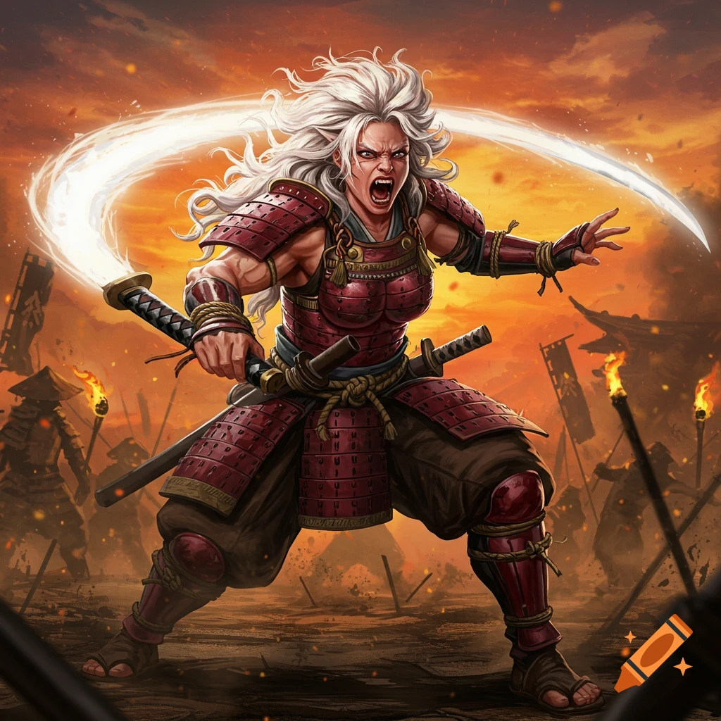 A muscular Japanese woman with white hair, yelling in anger, swings a luminous nodachi sword in a fiery battle scene.