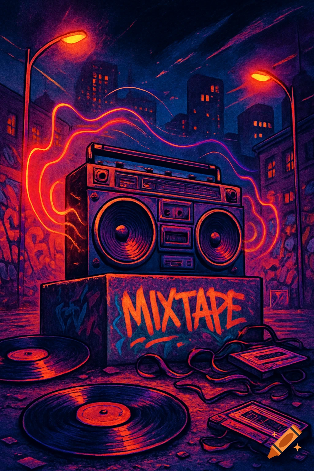 Vibrant neon urban art of a boombox on a graffiti block with records and mixtapes.