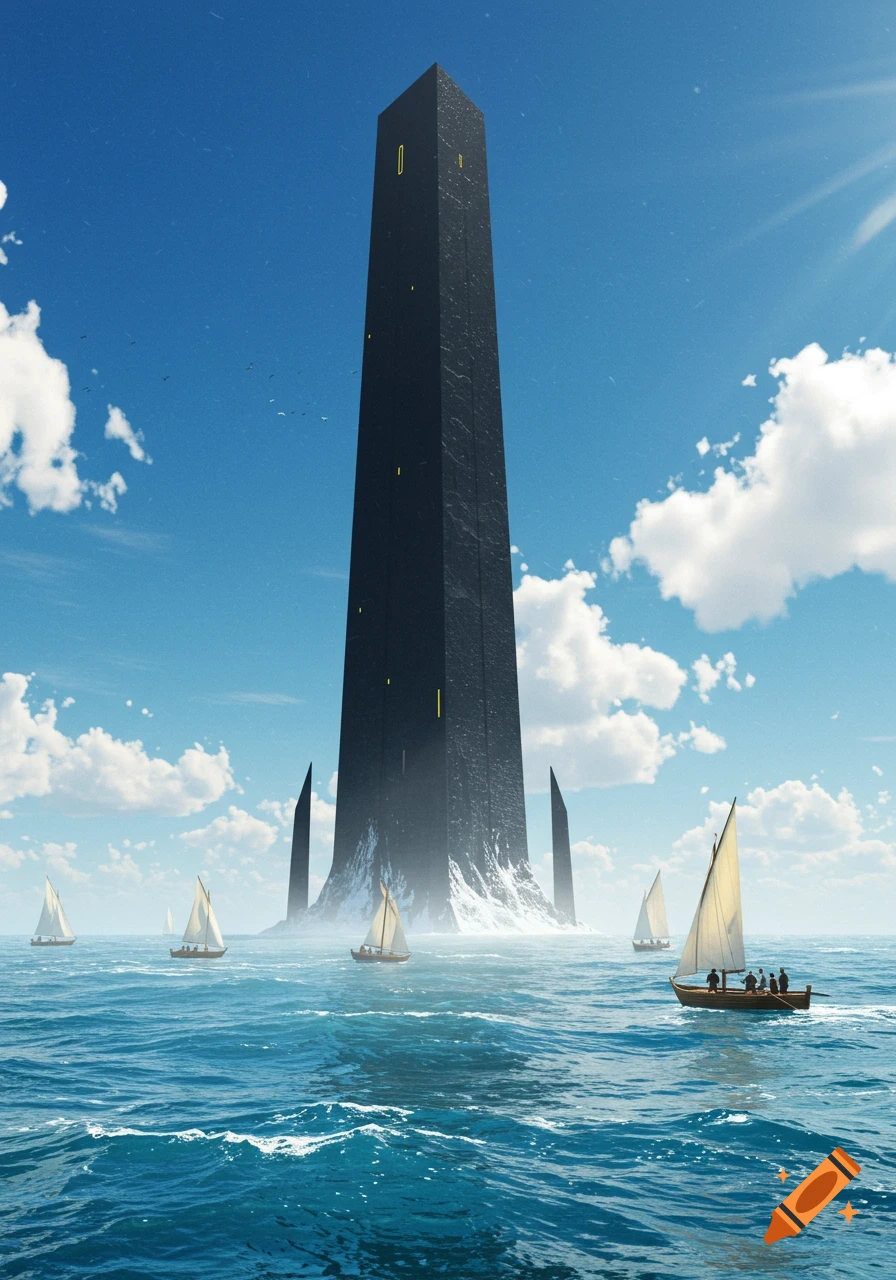 A tall, dark, monolithic tower rises from a churning blue sea under a sunny, cloudy sky, surrounded by small sailboats.