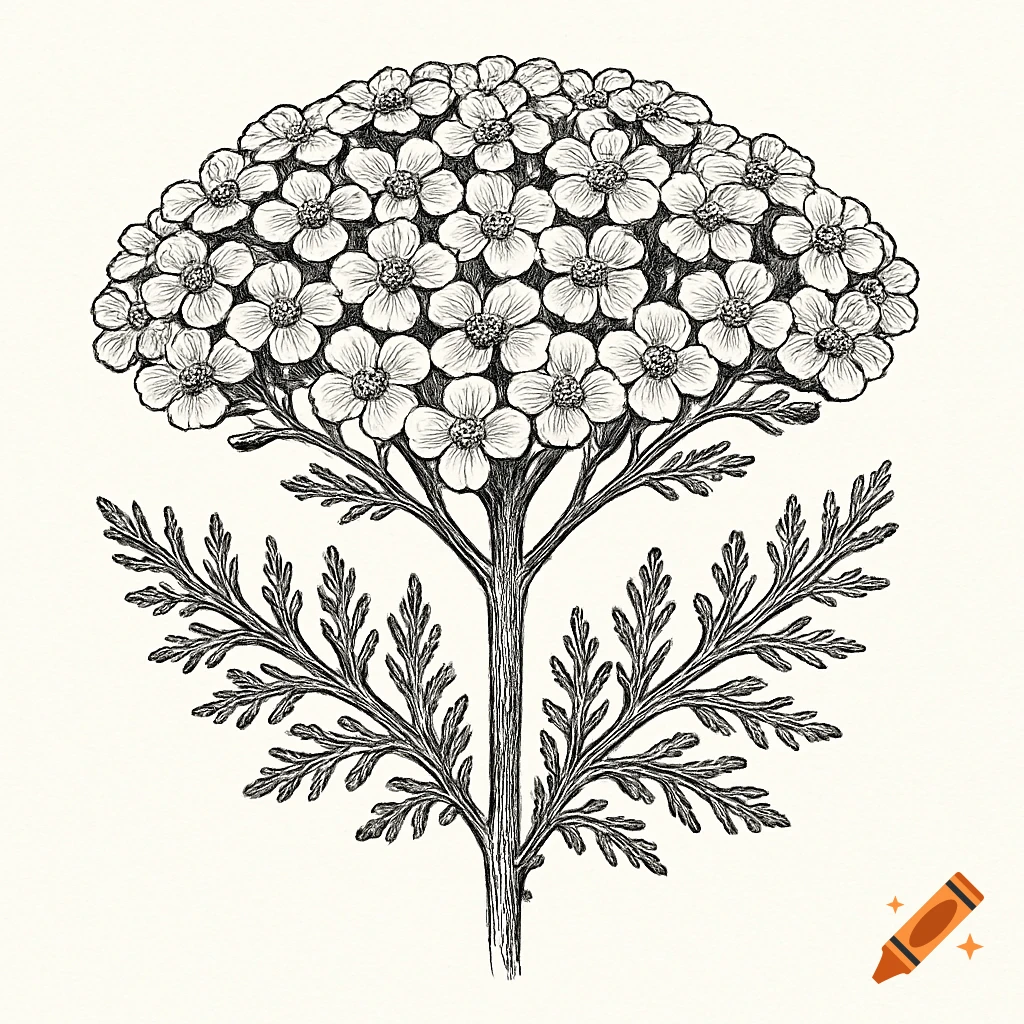 Black and white botanical line drawing of a yarrow flower with a flat-topped cluster of small flowers and feathery leaves.
