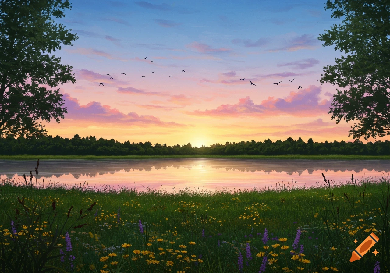 A vibrant landscape painting depicting a sunset over a calm lake, surrounded by green fields with wildflowers and trees.
