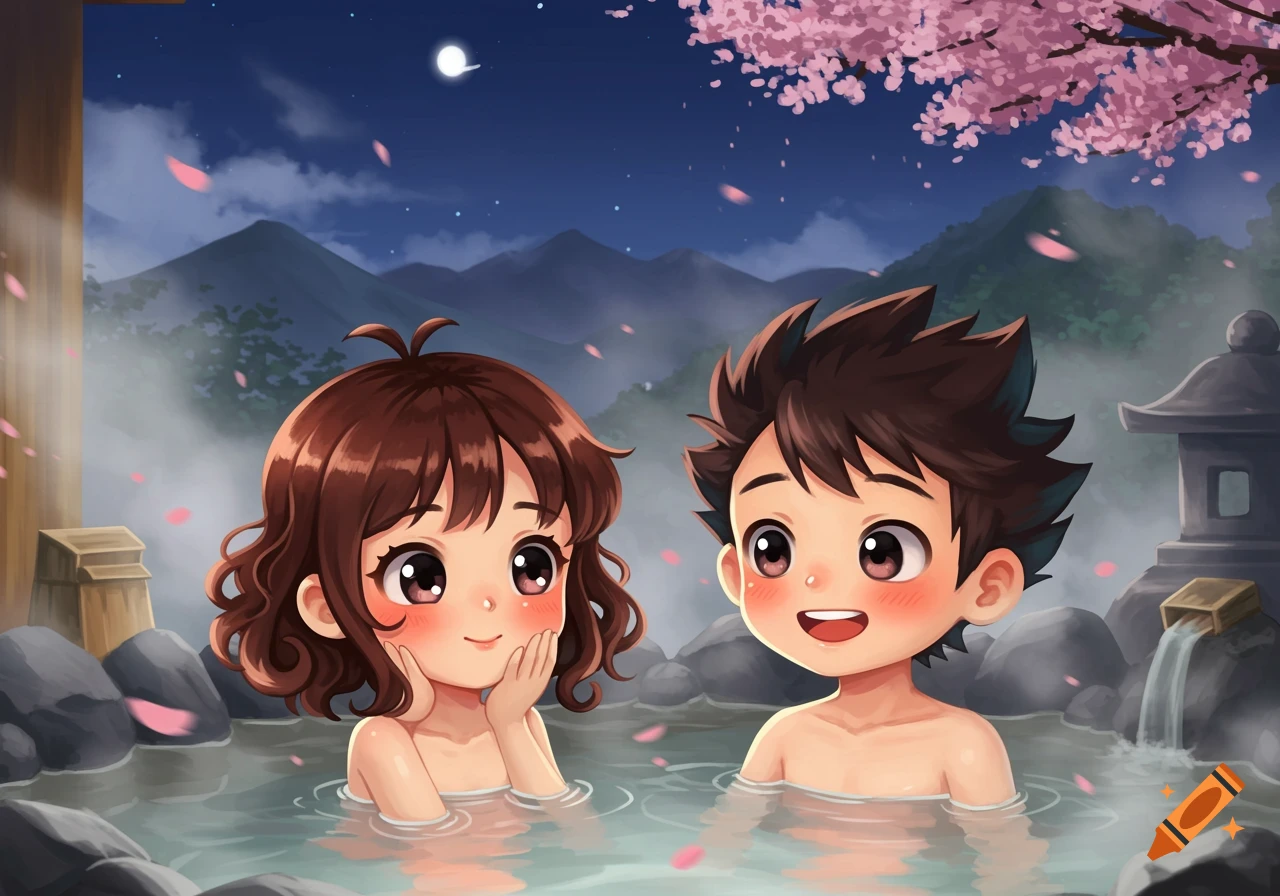 Cartoon boy and girl in an outdoor onsen at night with falling cherry blossoms.