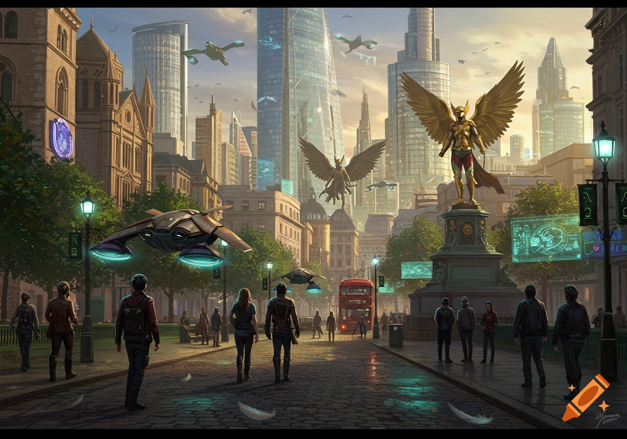 A vibrant, futuristic London street scene with people walking, flying vehicles, and large golden winged statues, blending advanced tech with classical architecture. Digital painting style.