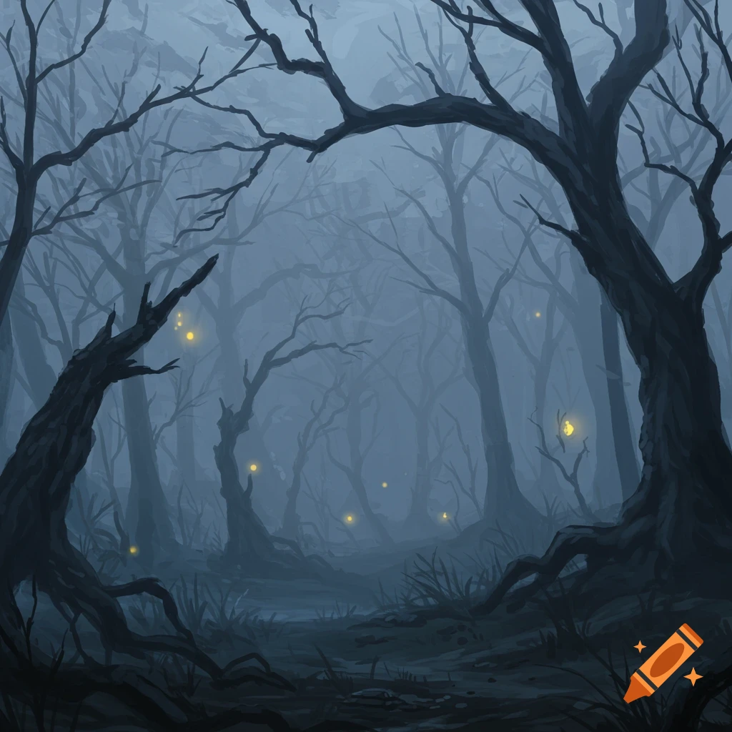 Dark, misty forest with bare, twisted trees and glowing yellow lights, in an illustrative style.