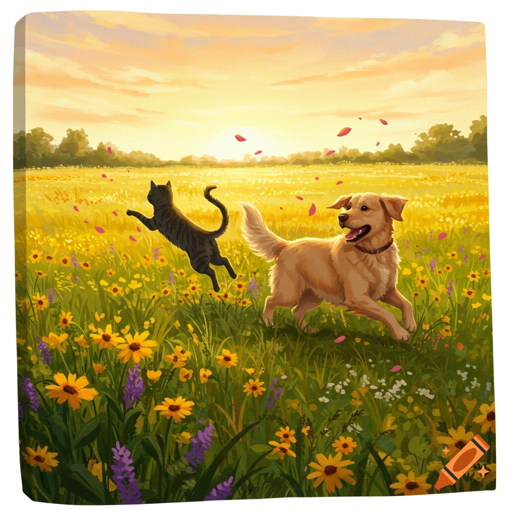 A vibrant illustration of a black cat jumping and a golden retriever running through a sunny field of yellow and purple wildflowers at sunset.